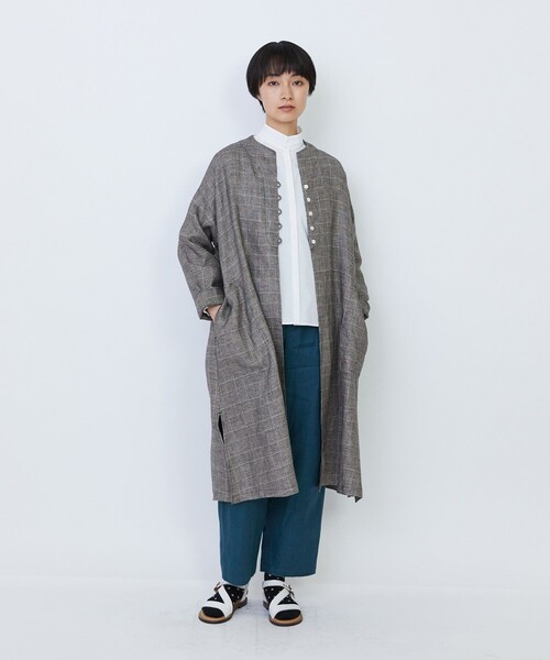 LOISIR ブラウス シャツ リネンチェックガウンカーディガン レディース