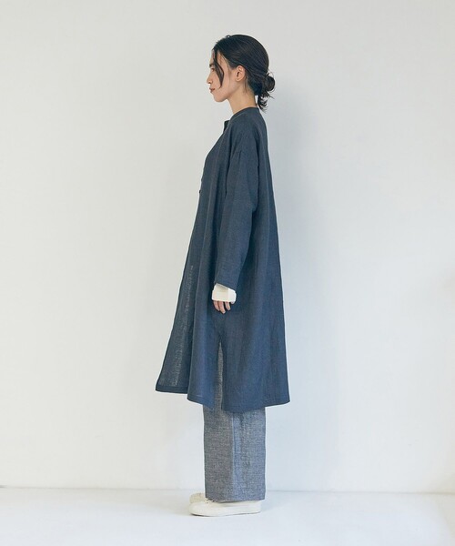 LOISIR ブラウス シャツ リネンチェックガウンカーディガン レディース