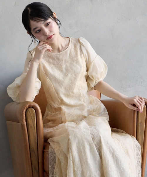 aimer(エメ) ドレス サイズ13 L レディース美品  - アイボリー×白×黒 ベアトップドレス/フラワー(花) AIMER（エメ） ドレス オーガンジーボリュームスリーブスパンコール