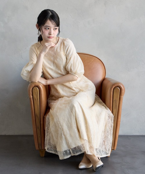 エメ　aimer 白　結婚式　二次会　ドレス AIMER（エメ） ドレス サテンリボンラメレース袖付きミモレパーティー