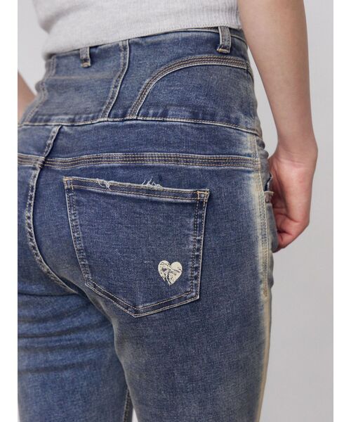 ジーンズ デニム デニムパンツ ハートダメージハイウエストフレアパギンス レディースの画像