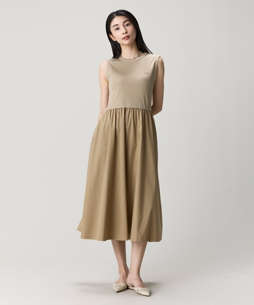 LACOSTE ノースリーブドッキングワンピース　ホワイト×ベージュ LACOSTE（ラコステ） ワンピース 夏 異素材コンビノースリーブドレス