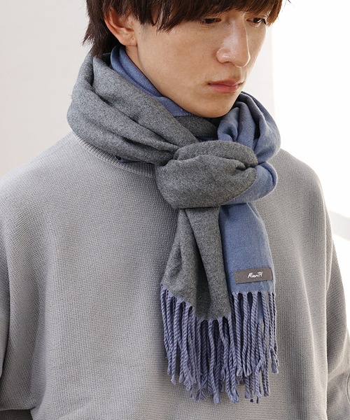 amachi. ダブルストール ネイビー×グレー カシミア ショール ダブルフェイス ストール マフラー リバーシブル