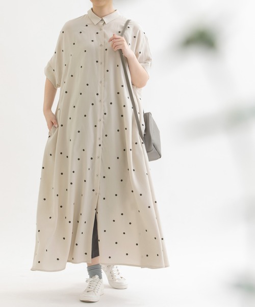 ワンピース Cornet polka刺繍半袖 シャツワンピース Cornet polka刺繍半袖