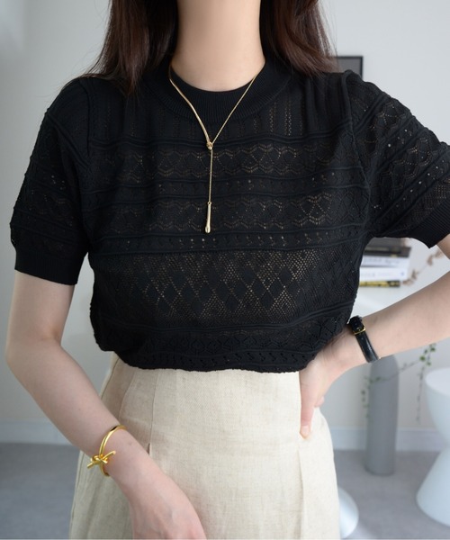 ibeul_ tシャツ レース柄編パフスリーブニットトップス