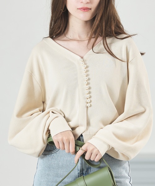 acro（アクロ） カーディガン パール付きボリュームスリーブニット