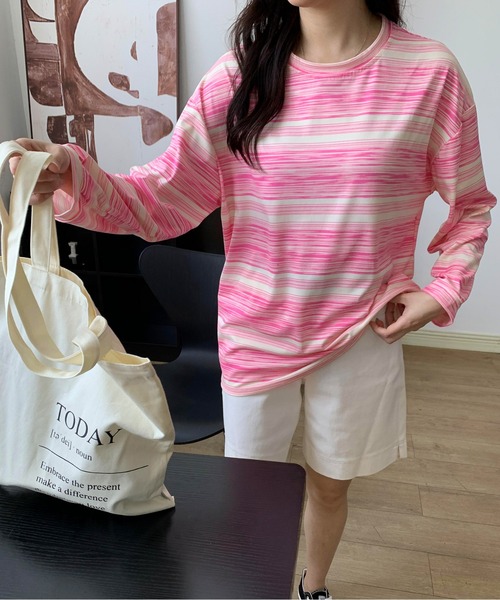 tシャツ ルーズシルエット グラデーションボーダー長袖ロンT 