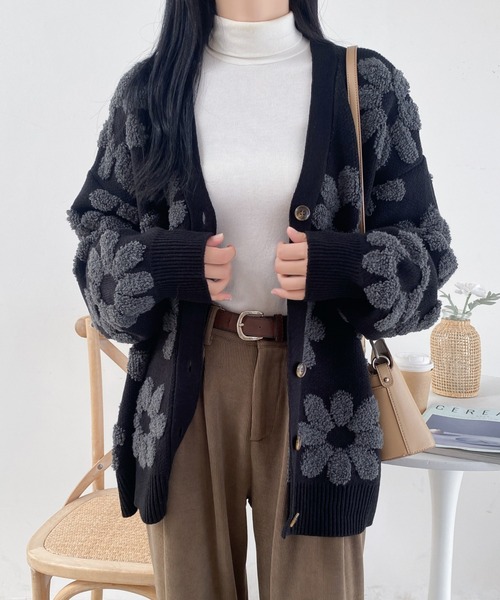 レディース Vネックワンピース 花柄 カーディガン セット c2710 ABITOKYO カーディガン ボアフラワージャガードVネックビック
