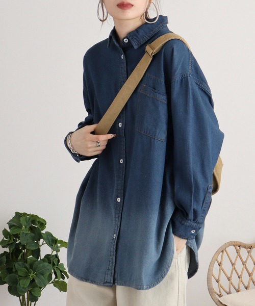 マルチサイズ ブラウス シャツ オーバーデニムシャツロングスリーブ レディース atONE ブラウス シャツ オーバーサイズロングスリーブデニム