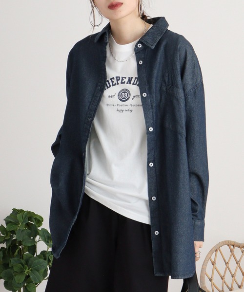 ブラウス シャツ オーバーサイズロングスリーブデニムシャツ レディース