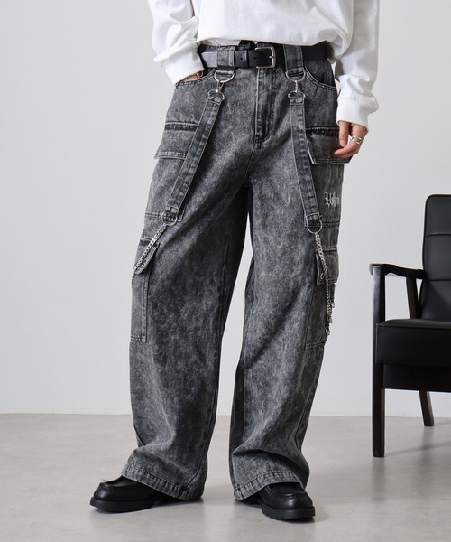 RE730 スマホショルダー ワイドパンツ カーゴパンツ Chain belt wide