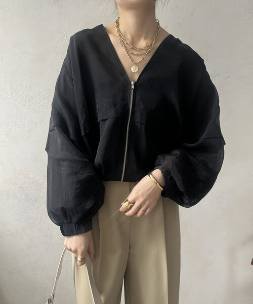 新品タグ付きDOUDOU web限定チュール重ねブルゾンブラック