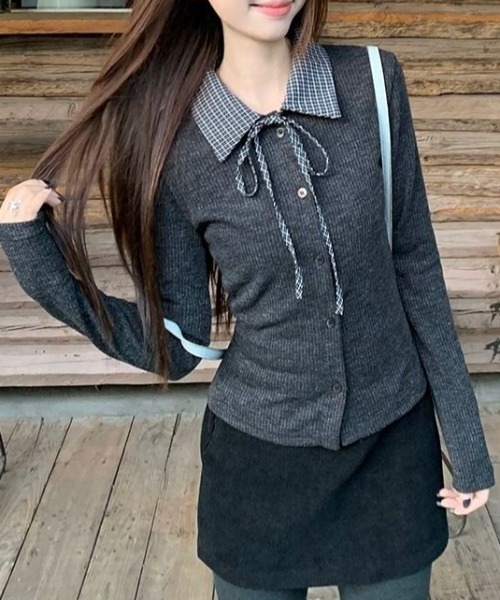 リボン付きグレーリブ編み長袖セーター リバーシブルバイカラーニット ニット レディース[品番：GW000004642