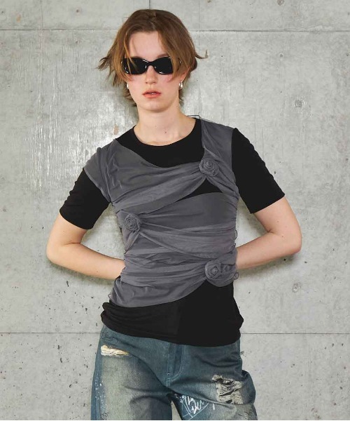 tシャツ Flower Motif Tulle Layered Tops/フラワーモチーフチュールレイヤードトップス「MAISON SPECIAL/メ MAISON SPECIAL tシャツ Flower Motif Tulle Layered Tops
