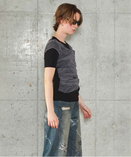 tシャツ Flower Motif Tulle Layered Tops/フラワーモチーフチュールレイヤードトップス「MAISON SPECIAL/メ MAISON SPECIAL tシャツ Flower Motif Tulle Layered Tops