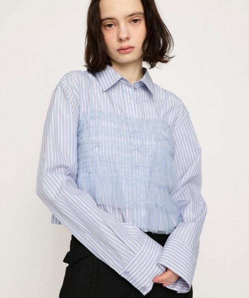 ブラウス シャツ GATHER TULLE LACE SH 2P ギャザー チュール レース シャツ ツーピー レディース