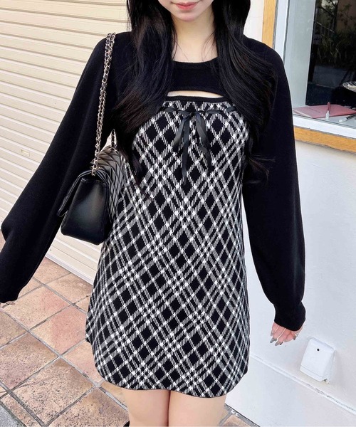 INGNI（イング） ワンピース デコルテオープンチェック柄切替ニット