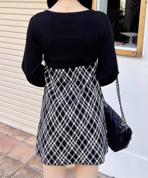 INGNI（イング） ワンピース デコルテオープンチェック柄切替ニット