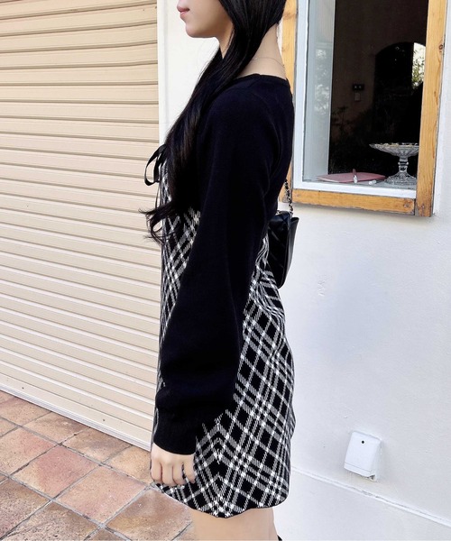 INGNI（イング） ワンピース デコルテオープンチェック柄切替ニット