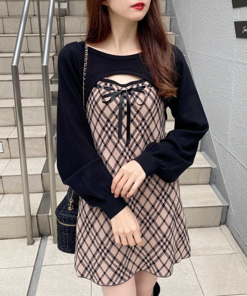 INGNI（イング） ワンピース デコルテオープンチェック柄切替ニット