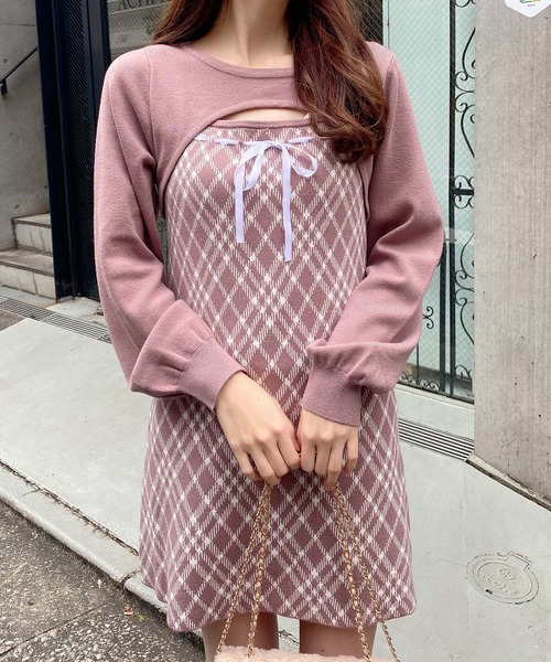 INGNI（イング） ワンピース デコルテオープンチェック柄切替ニット