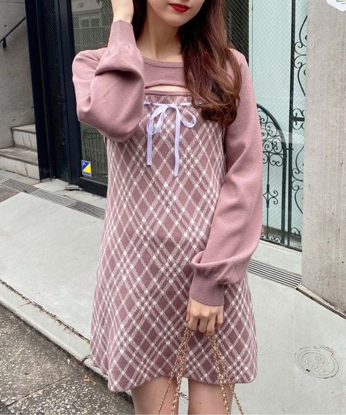 INGNI（イング） ワンピース デコルテオープンチェック柄切替ニット