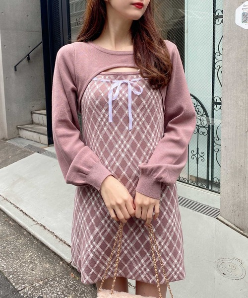 INGNI（イング） ワンピース デコルテオープンチェック柄切替ニット