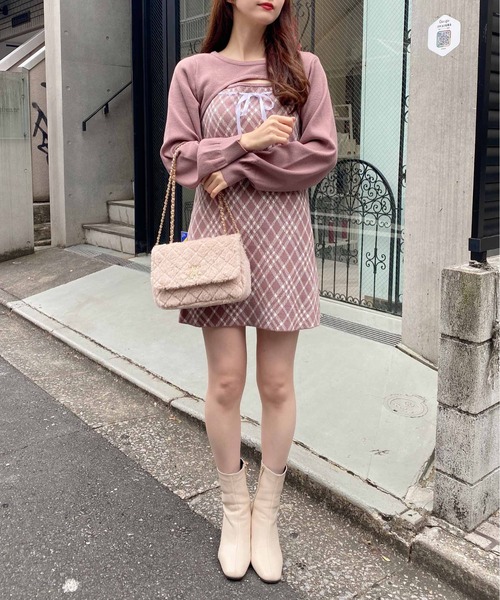 INGNI（イング） ワンピース デコルテオープンチェック柄切替ニット