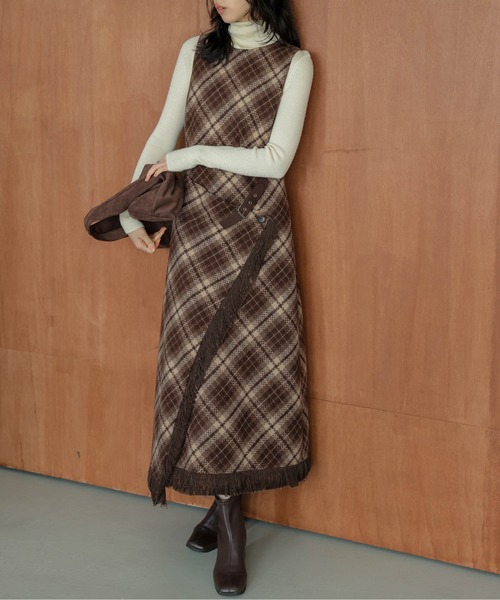 45R チェック柄フリンジ付きロングワンピース ワンピース フリンジラップ風 チェック柄ワンピース : ZOZOTOWN Yahoo