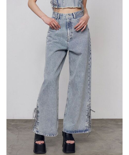 ジーンズ デニム デニムパンツ ヘムレースアップルーズデニム レディース