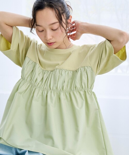 coen（コーエン） tシャツ 半袖 布帛ドッキング 切替ギャザーTシャツ