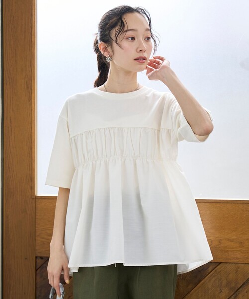 coen（コーエン） tシャツ 半袖 布帛ドッキング 切替ギャザーTシャツ
