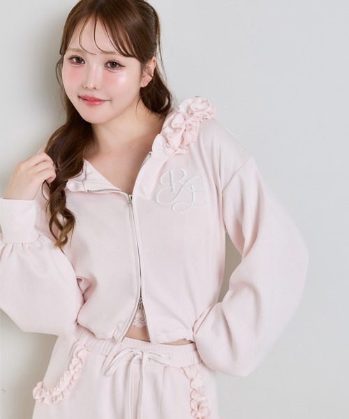 て*き様 NICE CLAUP フリルキラキラショートパーカーパンツ セットアッ one after another NICE CLAUP パーカー uvカット 「UVカット