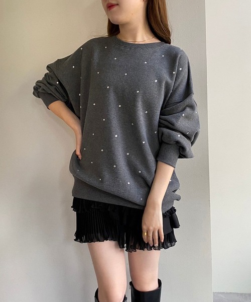 kaonスウェット黒トップス☆パールビジュー one after another NICE CLAUP スウェット オーバーサイズビジュー