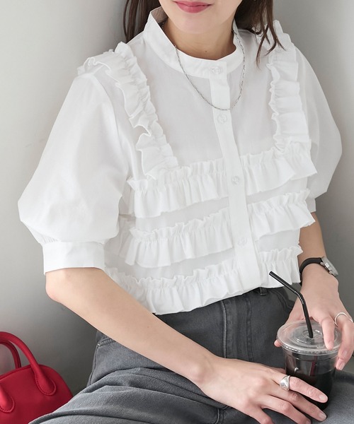 ブラウス シャツ フリル付きパフスリーブチュニック レディース パフスリーブチュニックブラウス（シャツ/ブラウス）｜Tiaclasse