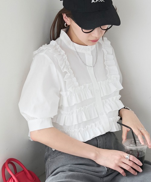 ブラウス シャツ フリルカラーパフスリーブブラウス レディース フリルカラーパフスリーブブラウス[品番：MKSW0045780]｜merry