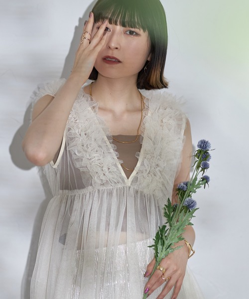 ベスト ジレ Vネックチュールフリルベスト レディース ベスト ジレ Vネックフリルチュールベスト レディース