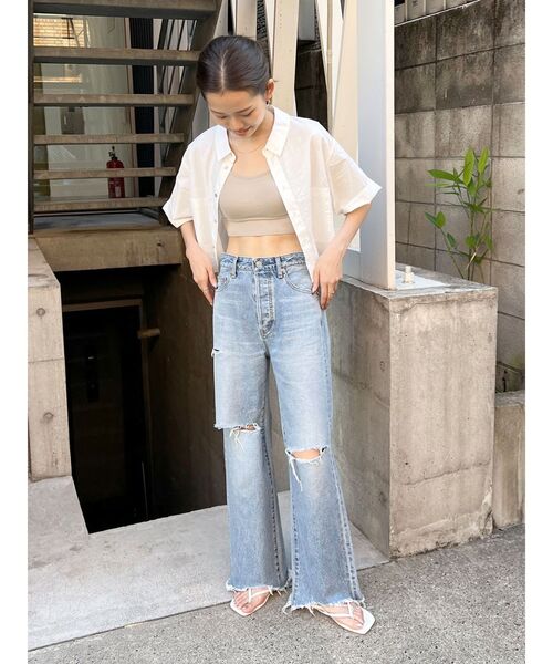 Ungrid  シアーフラワーハーフスリーブシャツ　新品未使用 Ungrid シアーフラワーハーフスリーブシャツ（ブルー） -ファッション