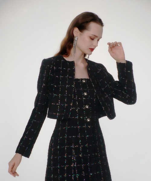 美品 ルルウィルビー ミックスツイード フックボタン ノーカラー ジャケット 2 CLASSY.1月号掲載】ルレックスツイード ノーカラージャケット