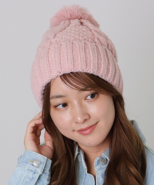 Lace Ladies ニット帽 ニットキャップ ビッグ ファー ポンポン