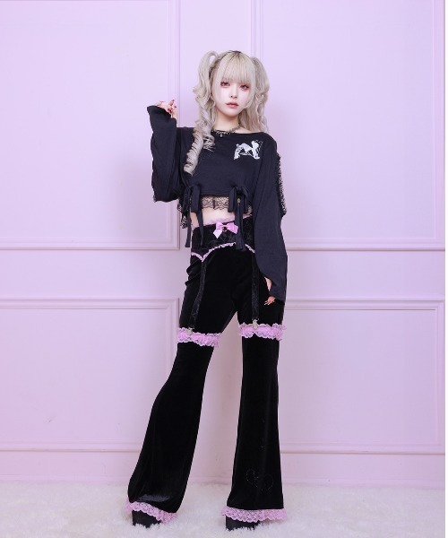 AVENCHUMU パンツ Rhinestone logo garter velor flare pants