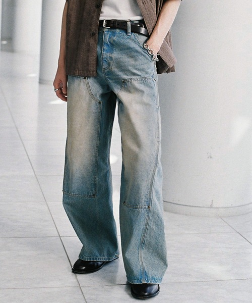 WYMダブルニーカーブドシームバギーデニム　 Lサイズ WYM LIDNM ジーンズ DOUBLE KNEE CURVED SEEM BAGGY DENIM
