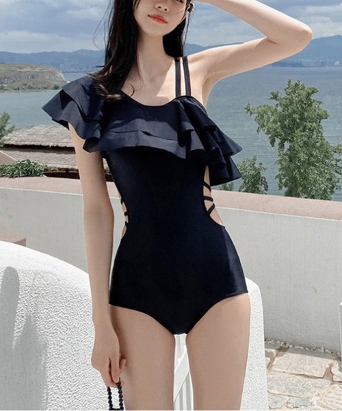 BLANC FICELLE 水着 ワンショルダー フリル 水着 レディース