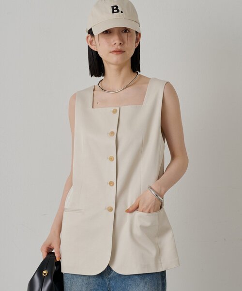 ベスト ジレ スクエアネックコットンジレ レディース Loungedress ベスト ジレ スクエアネックベスト レディース