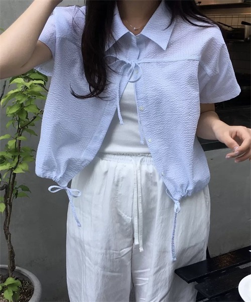 FREE STYLISTS ブラウス シャツ 半袖 フロントリボン裾ドローコード