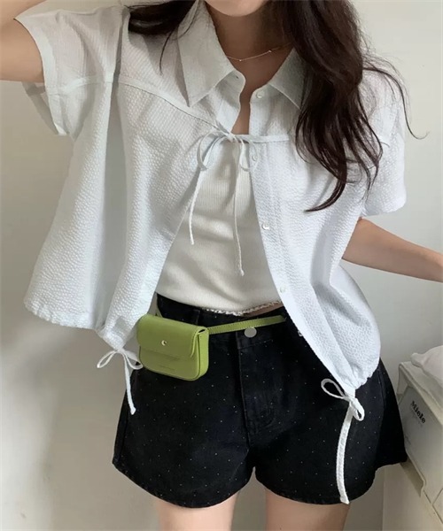 FREE STYLISTS ブラウス シャツ 半袖 フロントリボン裾ドローコード