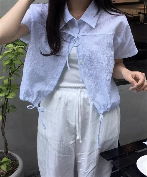 FREE STYLISTS ブラウス シャツ 半袖 フロントリボン裾ドローコード