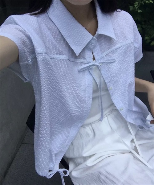 FREE STYLISTS ブラウス シャツ 半袖 フロントリボン裾ドローコード