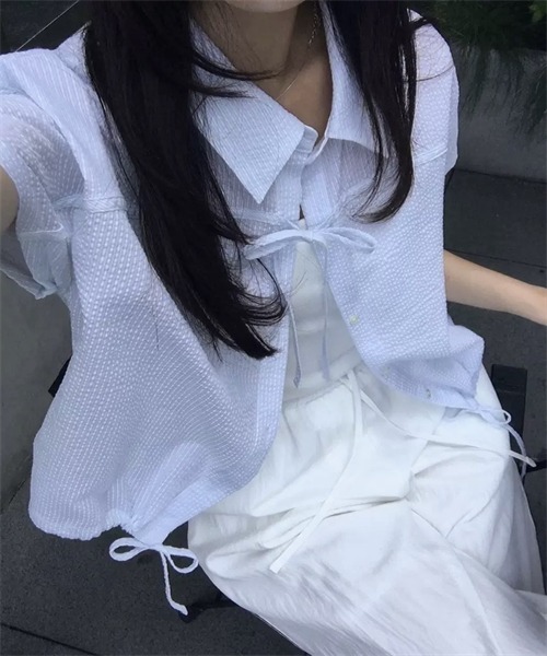 FREE STYLISTS ブラウス シャツ 半袖 フロントリボン裾ドローコード