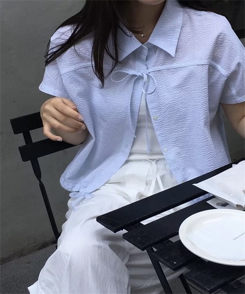 nagonstans ドローコードシャツブラウス FREE STYLISTS ブラウス シャツ 半袖 フロントリボン裾ドローコード